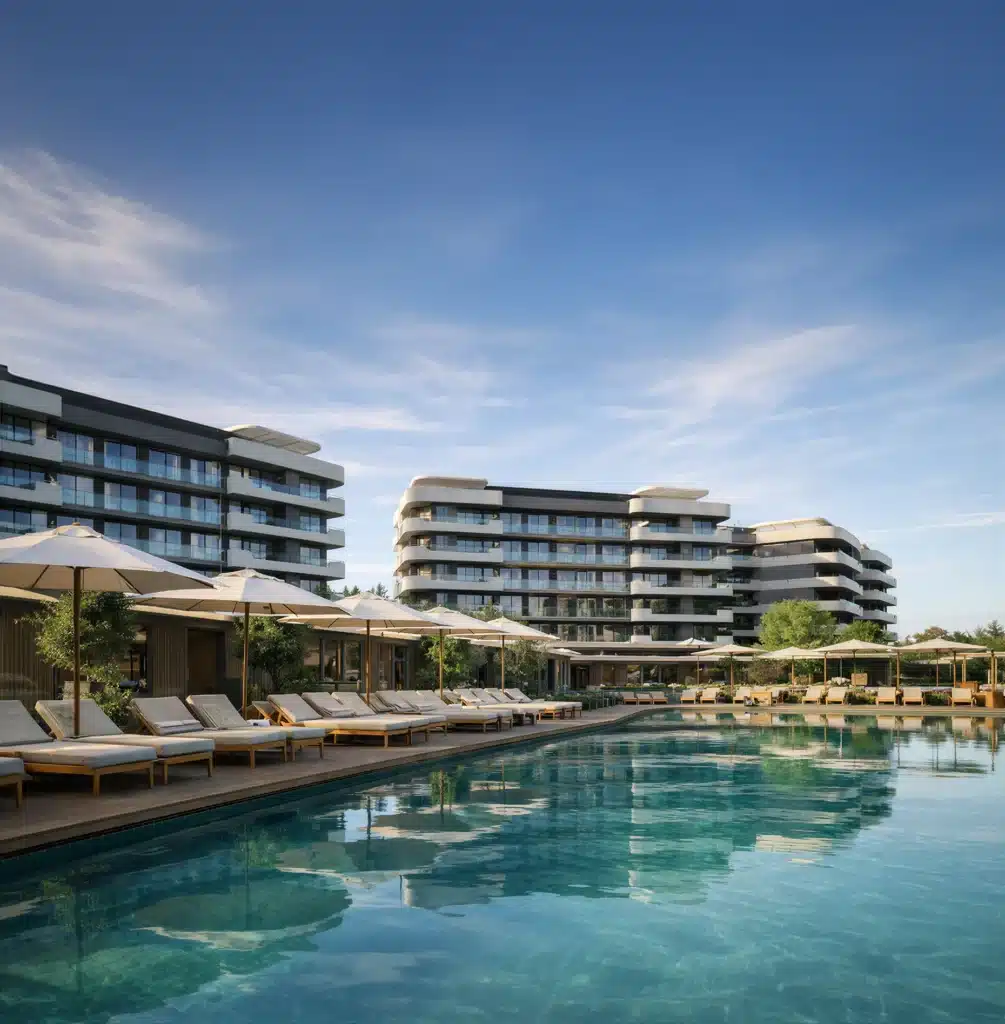 The Ring Larnaca — aerial view of the resort pools
